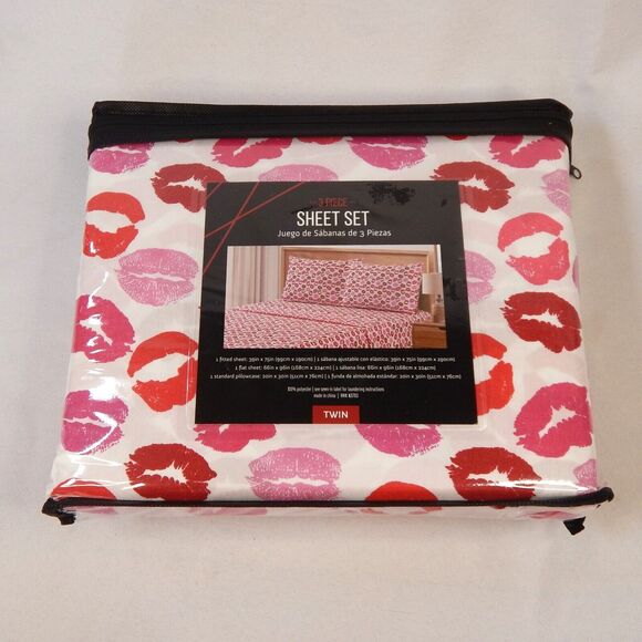 Valentines Day Red Pink Lips KISS  Love Lipstick TWIN Sheet 3 pc Set Girls Teen - Picture 2 of 10